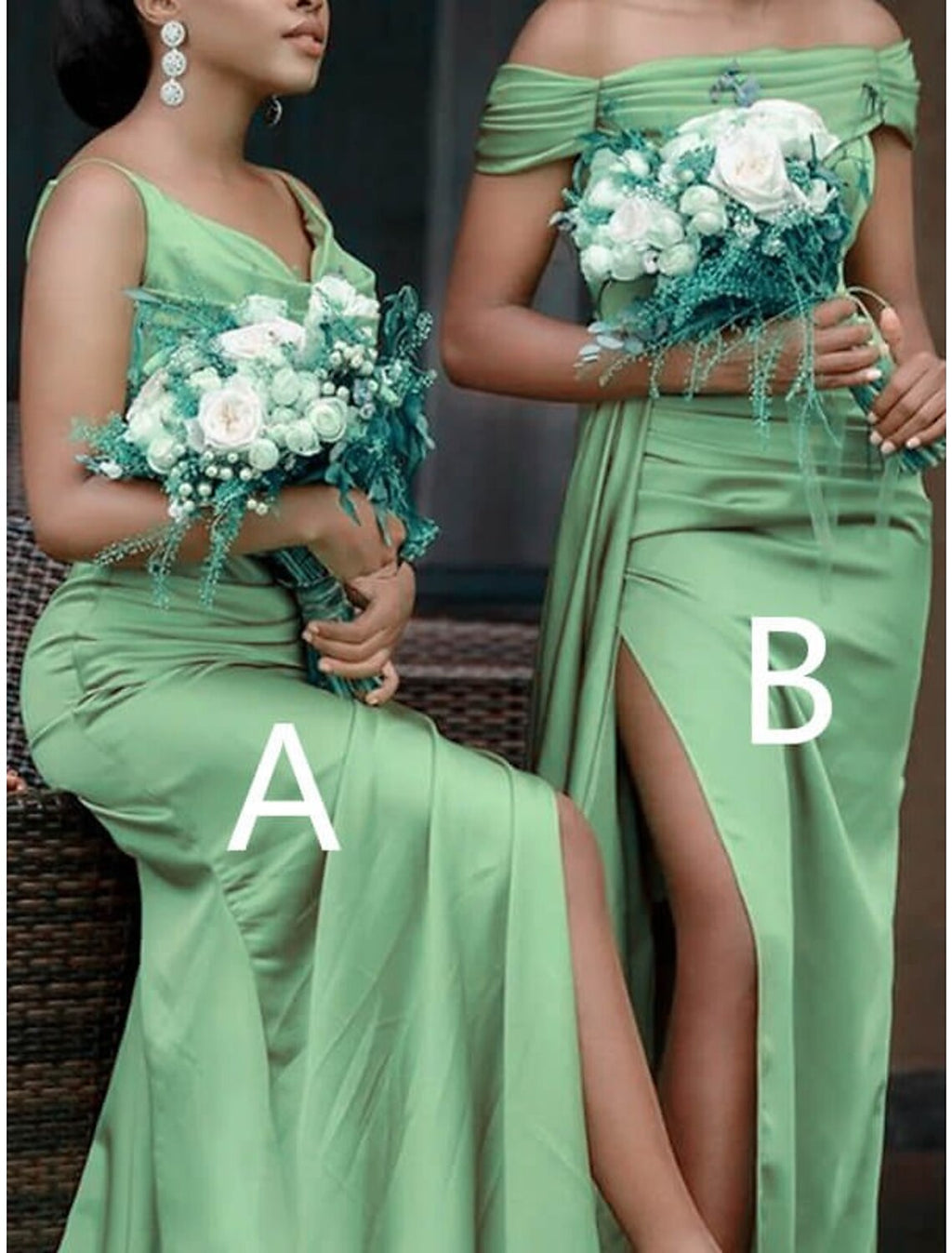 Bridesmaid Dress Sheath Silhouette V Neck Off Shoulder Split Front Charmeuse With Sweep Train For Bridesmaids