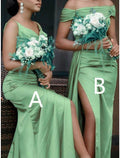 Bridesmaid Dress Sheath Silhouette V Neck Off Shoulder Split Front Charmeuse With Sweep Train For Bridesmaids