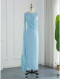 Sheath Evening Gown For Women Elegant Chiffon Dress With Feather Ruched Sleeveless Cowl Neck Brush Train