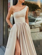A-Line Princess Prom Dresses Sexy Satin Dress Formal Floor Length Sleeveless One Shoulder with Pleats