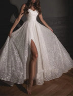 Wedding Dress Sparkling Sequined Gown Spaghetti Strap For Brides To Be Elegant A Line Floor Length Sweetheart Camisole