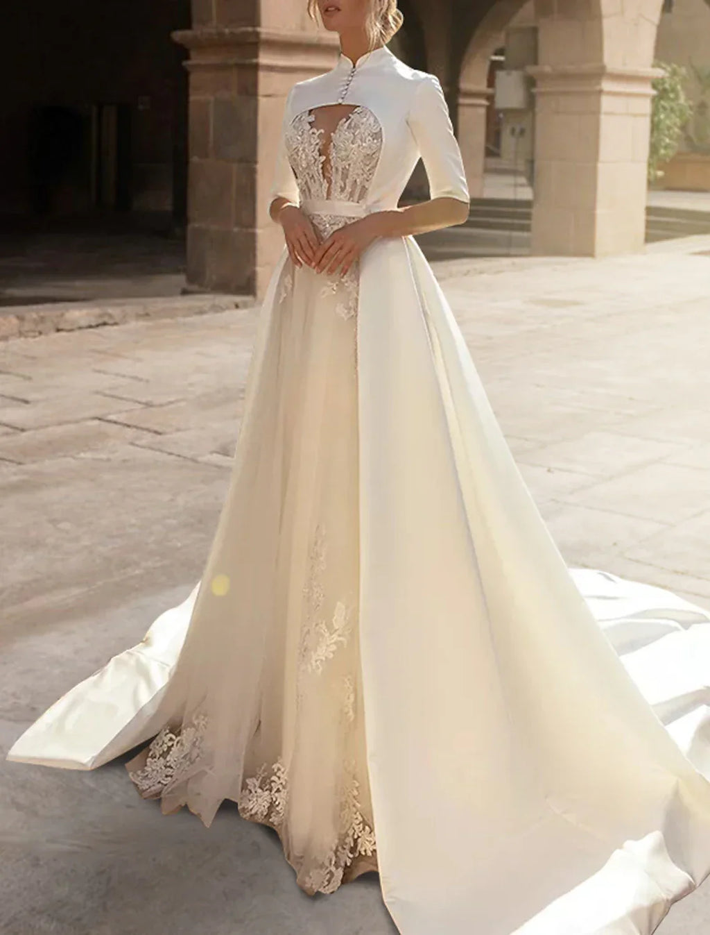 Royal Style Satin A Line Bridal Gown For Brides To Be Sweetheart Half Sleeve With Ruffles Appliques