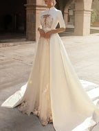 Royal Style Satin A Line Bridal Gown For Brides To Be Sweetheart Half Sleeve With Ruffles Appliques