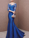 Mermaid Satin Evening Gown Off Shoulder Three Quarter Sleeves With Pleats Appliques And Sweep Train For Wedding Guests