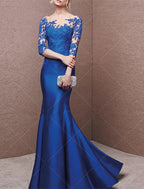Mermaid Satin Evening Gown Off Shoulder Three Quarter Sleeves With Pleats Appliques And Sweep Train For Wedding Guests