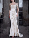 Elegant Vintage Satin One Shoulder Wedding Dress For Brides To Be With Ruched Bodice And Brush Train
