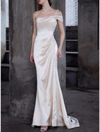 Elegant Vintage Satin One Shoulder Wedding Dress For Brides To Be With Ruched Bodice And Brush Train