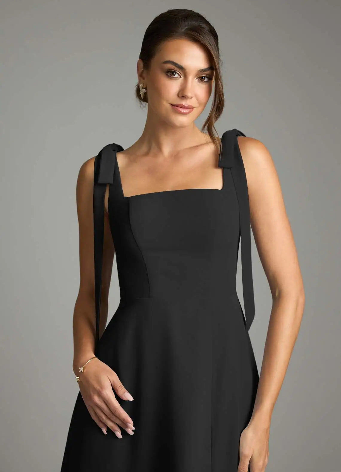Chic Bridesmaid Dress with Square Neckline, Tie Shoulder Straps and Side Slit