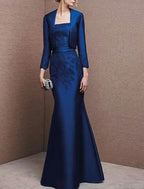 Mother Of The Bride Dress Two Piece Mermaid Trumpet Satin Elegant Lace Appliques Floor Length Three Quarter Sleeve