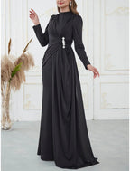 A Line Evening Gown For Women Glamorous Black Satin Sequin Pleated Long Sleeve High Neck Sweep Train