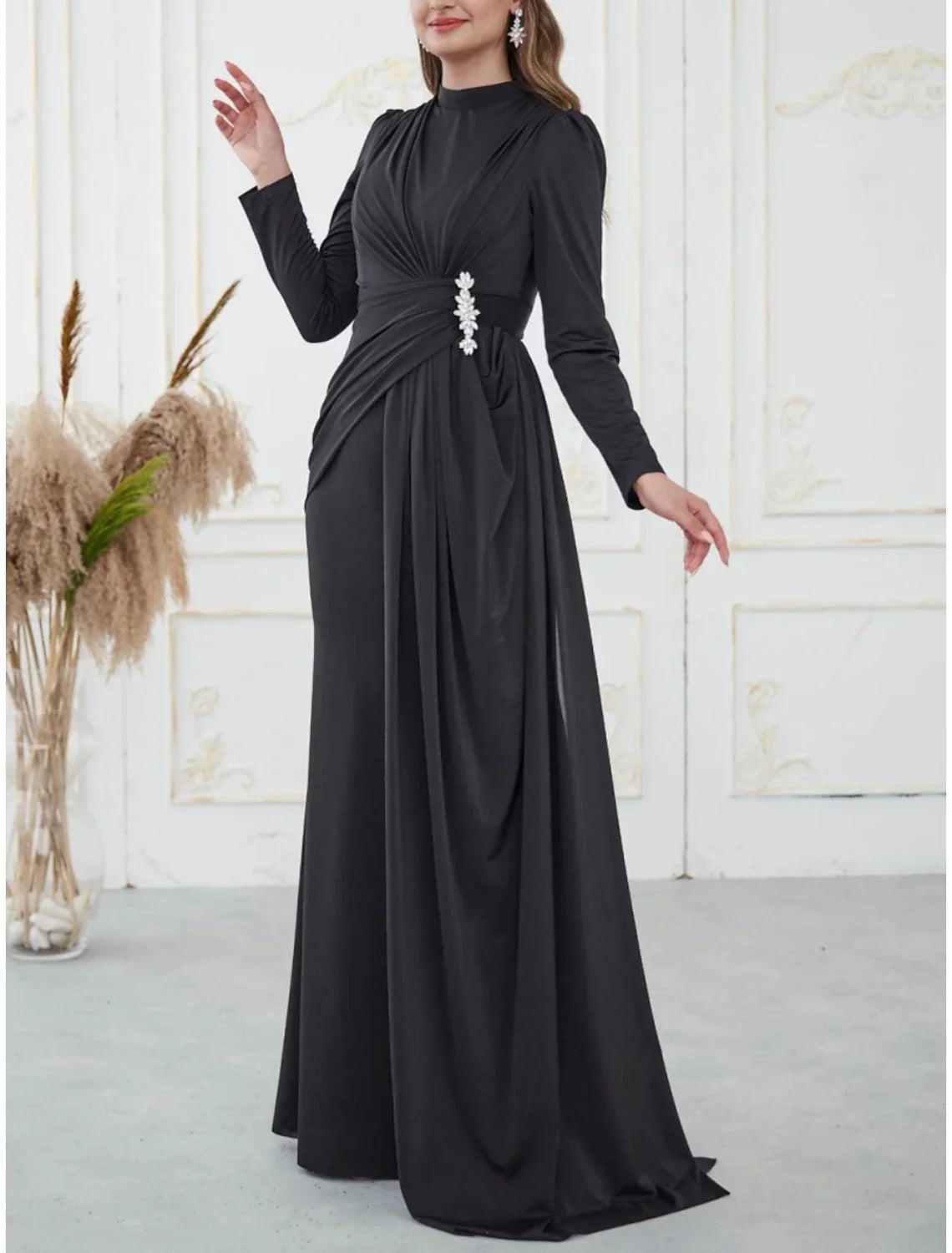 A Line Evening Gown For Women Glamorous Black Satin Sequin Pleated Long Sleeve High Neck Sweep Train