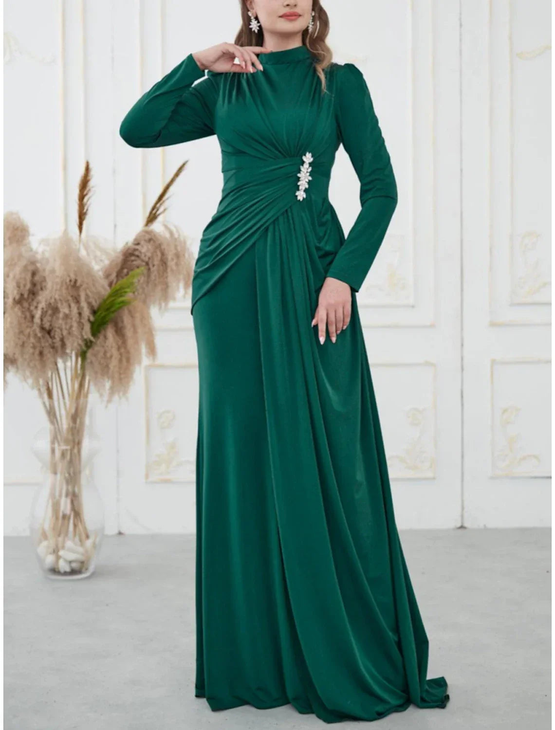 A Line Evening Gown For Women Glamorous Black Satin Sequin Pleated Long Sleeve High Neck Sweep Train