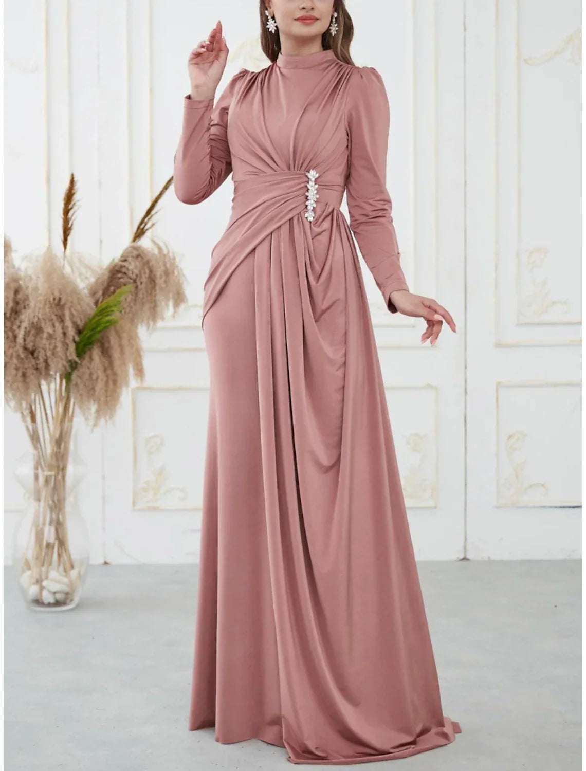 A Line Evening Gown For Women Glamorous Black Satin Sequin Pleated Long Sleeve High Neck Sweep Train