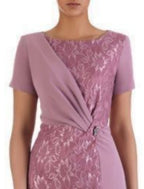 Mother Of The Bride Dress Knee Length Chiffon Lace Short Sleeve With Crystal Brooch For Elegant Wedding Moms
