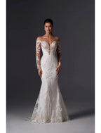 Mermaid Satin Wedding Dress Off Shoulder Long Sleeve With Court Train And Appliques For Brides