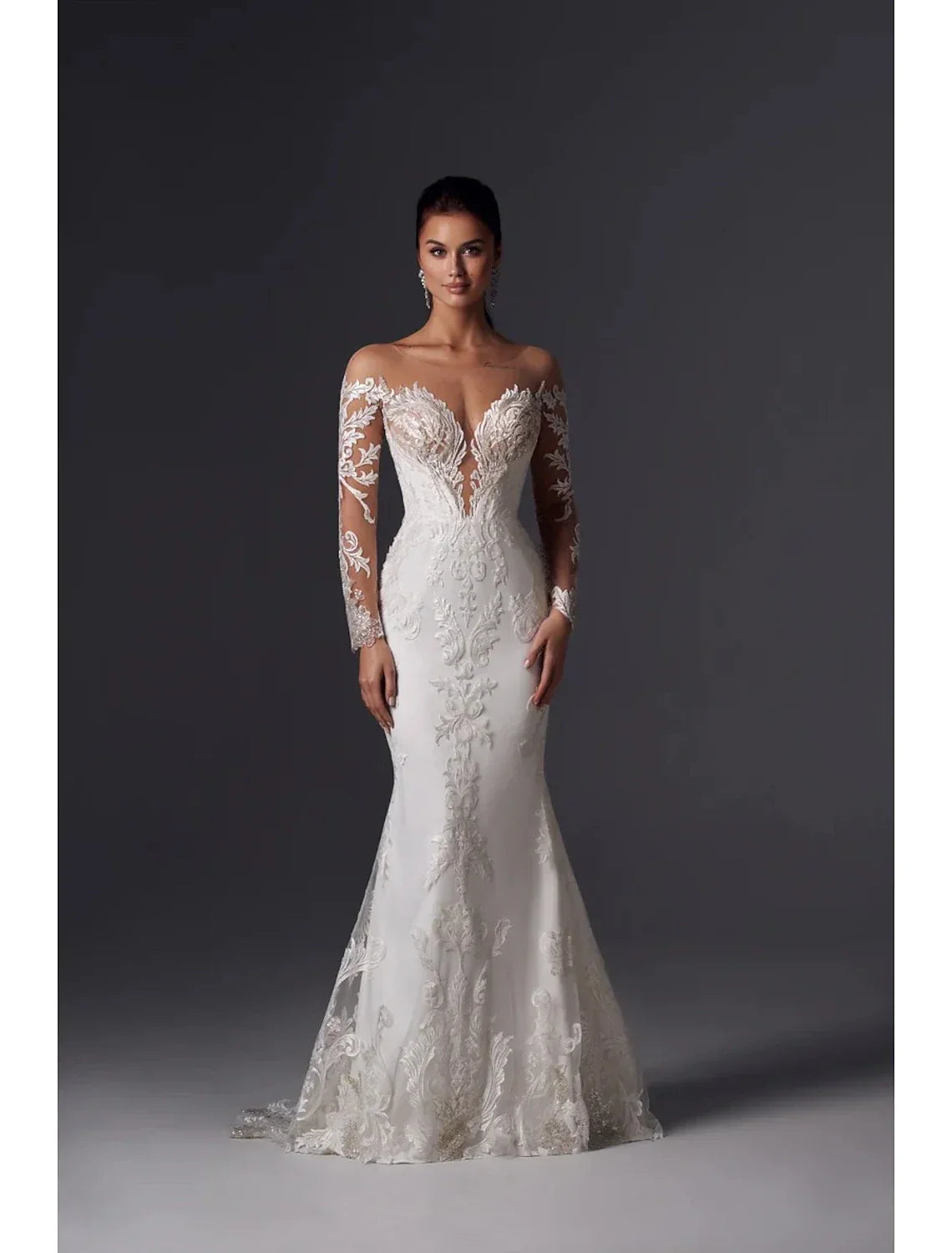 Mermaid Satin Wedding Dress Off Shoulder Long Sleeve With Court Train And Appliques For Brides