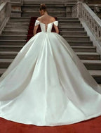 Engagement Satin Ball Gown Wedding Dress For Modern Brides With Off Shoulder Cap Sleeves Court Train And Ruched Bodice