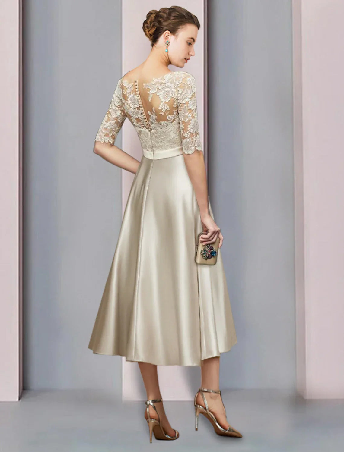 Mother Of The Bride Dress Satin Lace Tea Length Sheath Elegant Scoop Neck Half Sleeve Bow Pleats