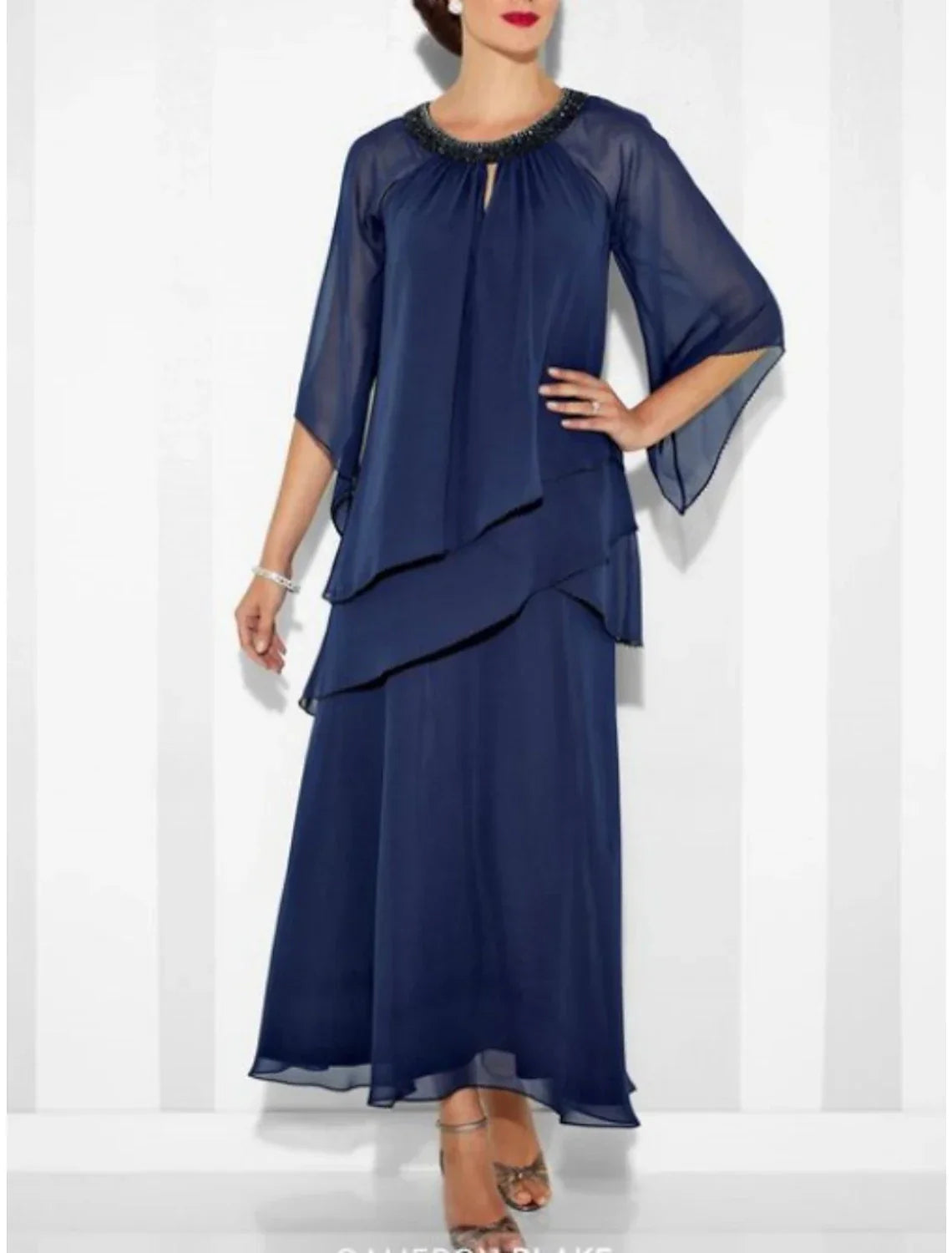 Mother Of The Bride Dress Chiffon Sheath Jewel Neck Ankle Length With Crystals And Ruching For Elegant Wedding Guests