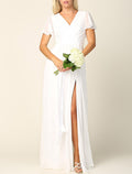 Bridesmaid Dress Aline V Neck Short Sleeve Elegant Chiffon Floor Length With Split Front Ruched For Bridesmaids