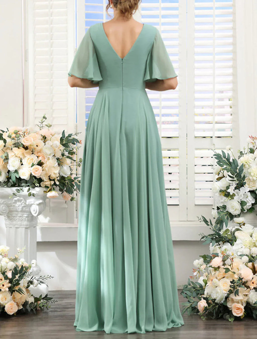Aline Bridesmaid Dress V Neck Short Sleeve Chiffon Floor Length With Split Front Ruched Details