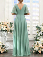 Aline Bridesmaid Dress V Neck Short Sleeve Chiffon Floor Length With Split Front Ruched Details