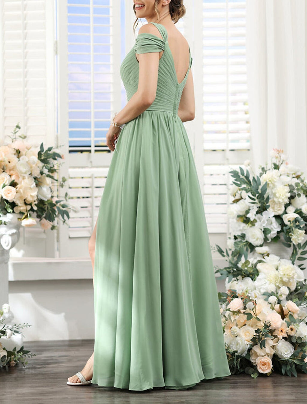 Chic A Line Bridesmaid Dress V Neck Short Sleeve Floor Length Chiffon With Split Front And Ruched Details For Bridesmaids