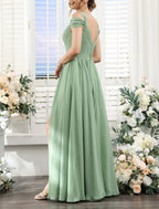 Chic A Line Bridesmaid Dress V Neck Short Sleeve Floor Length Chiffon With Split Front And Ruched Details For Bridesmaids