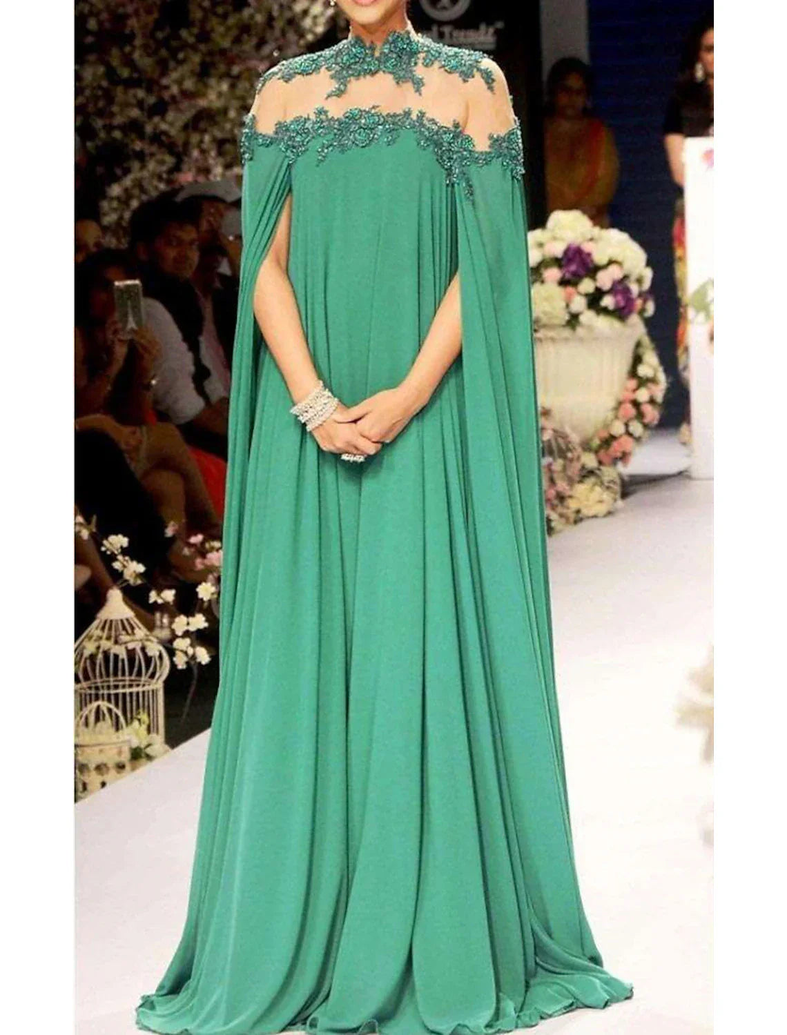 A-Line Chiffon Evening Gown With Appliques, Floor Length Sleeveless High Neck For Christmas Wedding Guests