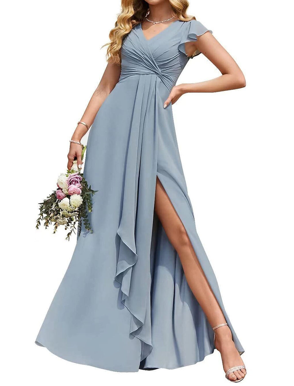 Chiffon Bridesmaid Dress With V Neck Long Silhouette Ruffled Sleeve Slit Pockets Empire Waist For Weddings