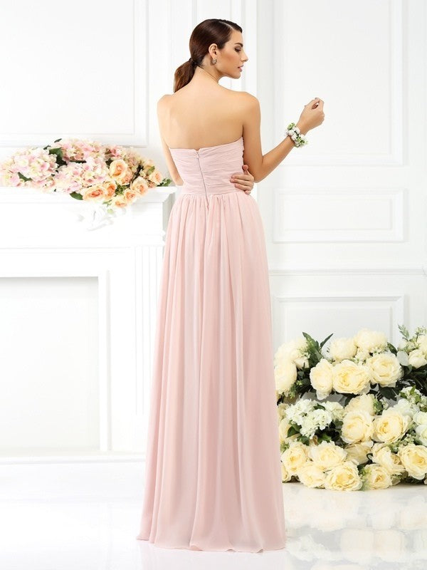 A Line Strapless Pleated Long Chiffon Bridesmaid Dress For Elegant Wedding Parties