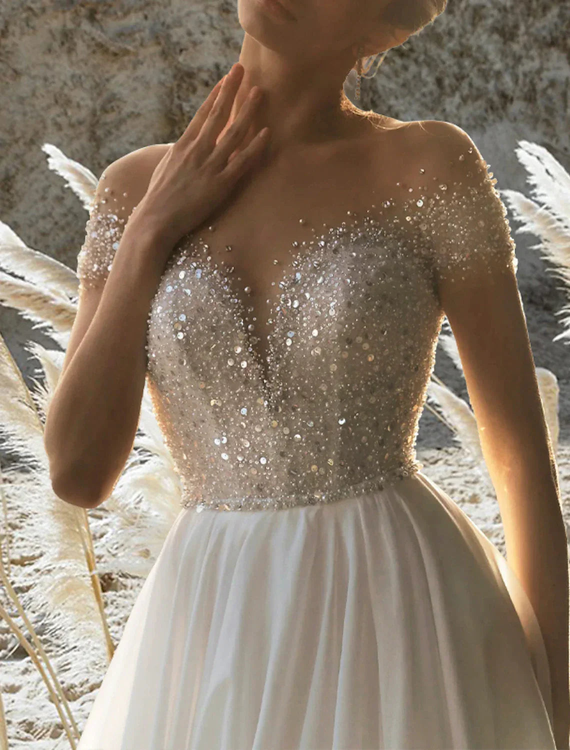 Beach Formal A Line Wedding Dress Off Shoulder Short Sleeve Beaded Chiffon Gown With Court Train For Beach Brides