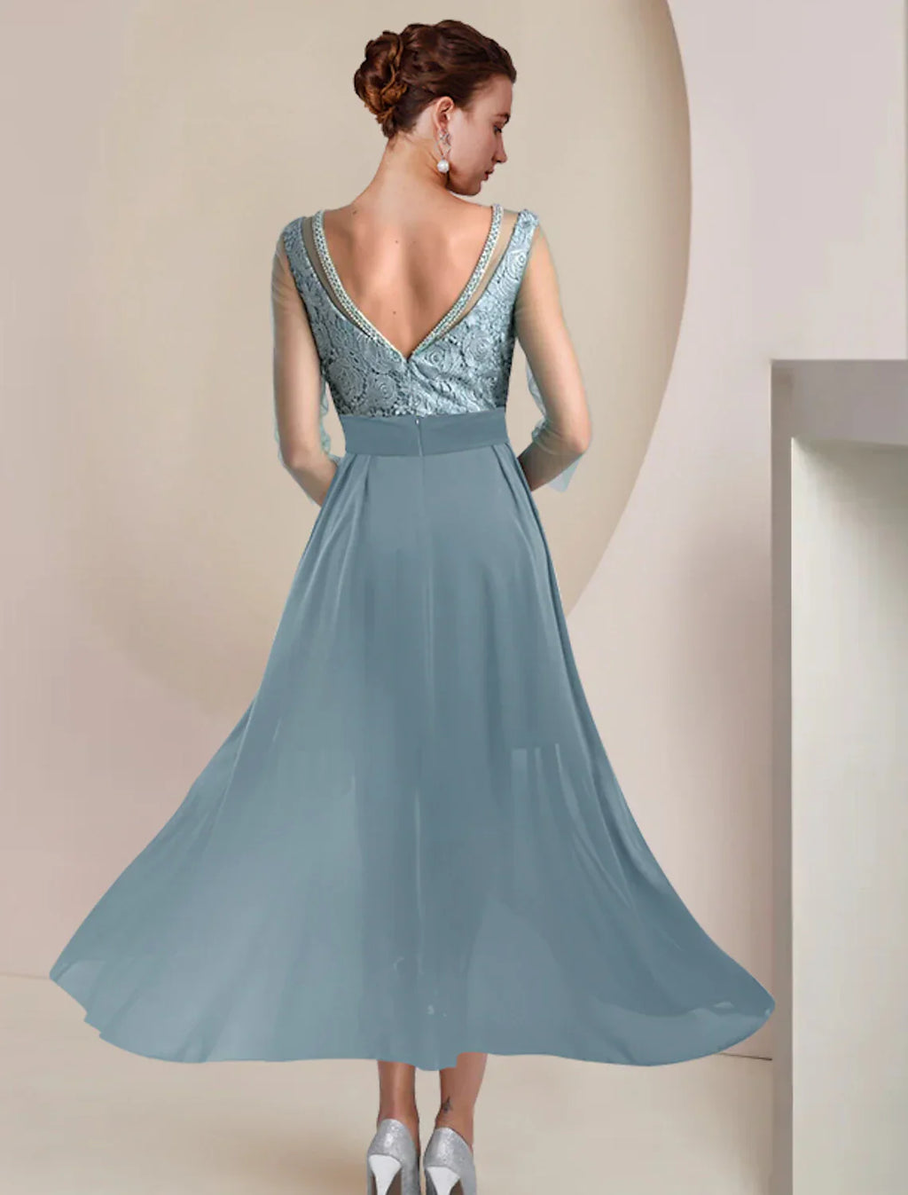 Mother Of The Bride Dress Two Piece Sheath Gown With Elegant Beaded Appliques Jewel Neck Tea Length