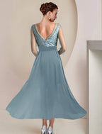 Mother Of The Bride Dress Two Piece Sheath Gown With Elegant Beaded Appliques Jewel Neck Tea Length