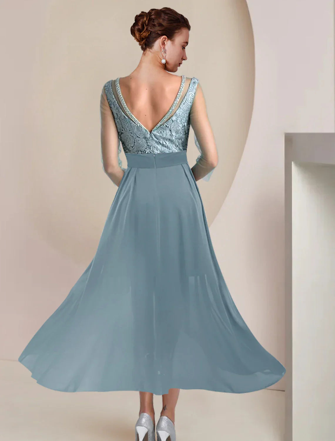 Mother Of The Bride Dress Two Piece Sheath Gown With Elegant Beaded Appliques Jewel Neck Tea Length