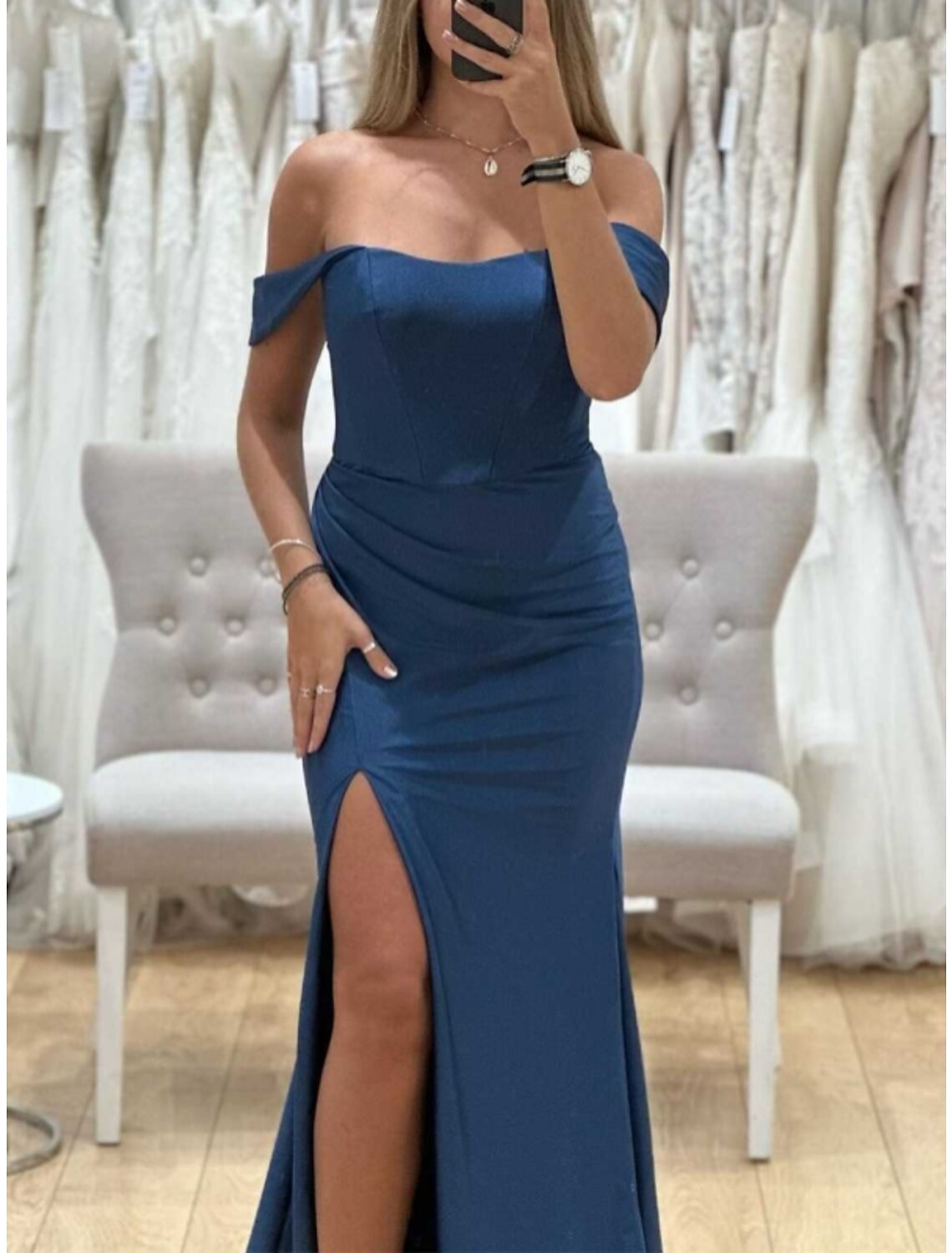 Bridesmaid Dress Sheath Blue Off Shoulder Short Sleeve Floor Length With Split Front And Ruched Stretch Fabric