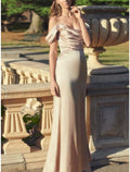 Bridesmaid Dress Sheath Off Shoulder Short Sleeve Floor Length Charmeuse With Ruching Elegant For Bridesmaids Wedding