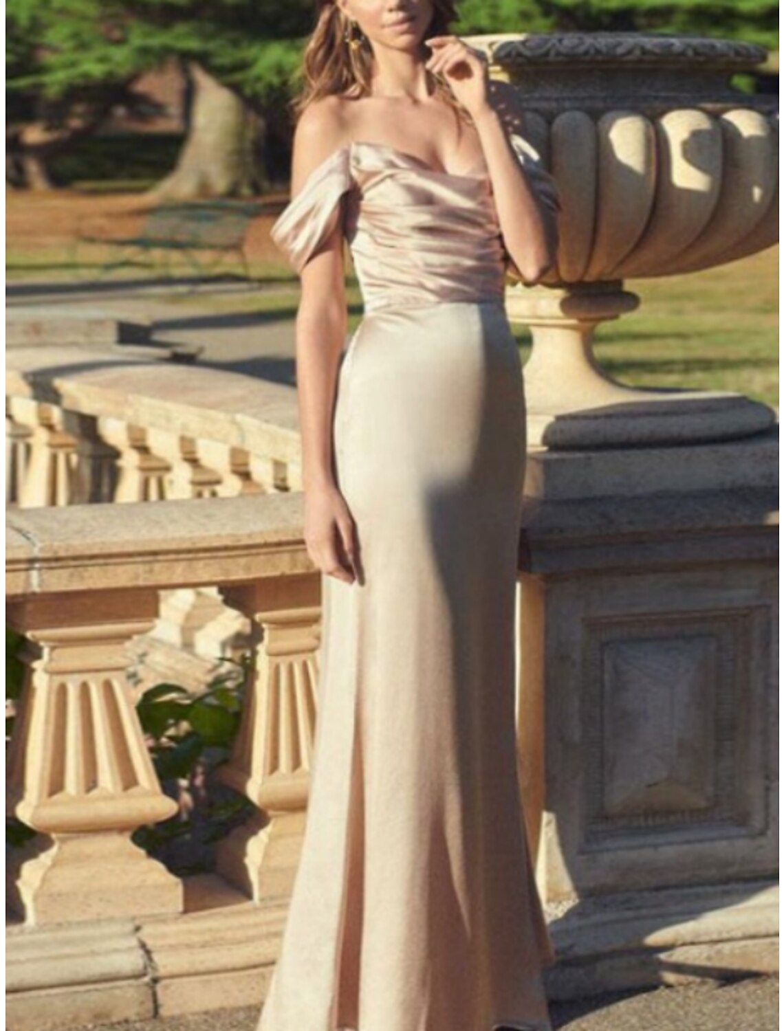 Bridesmaid Dress Sheath Off Shoulder Short Sleeve Floor Length Charmeuse With Ruching Elegant For Bridesmaids Wedding