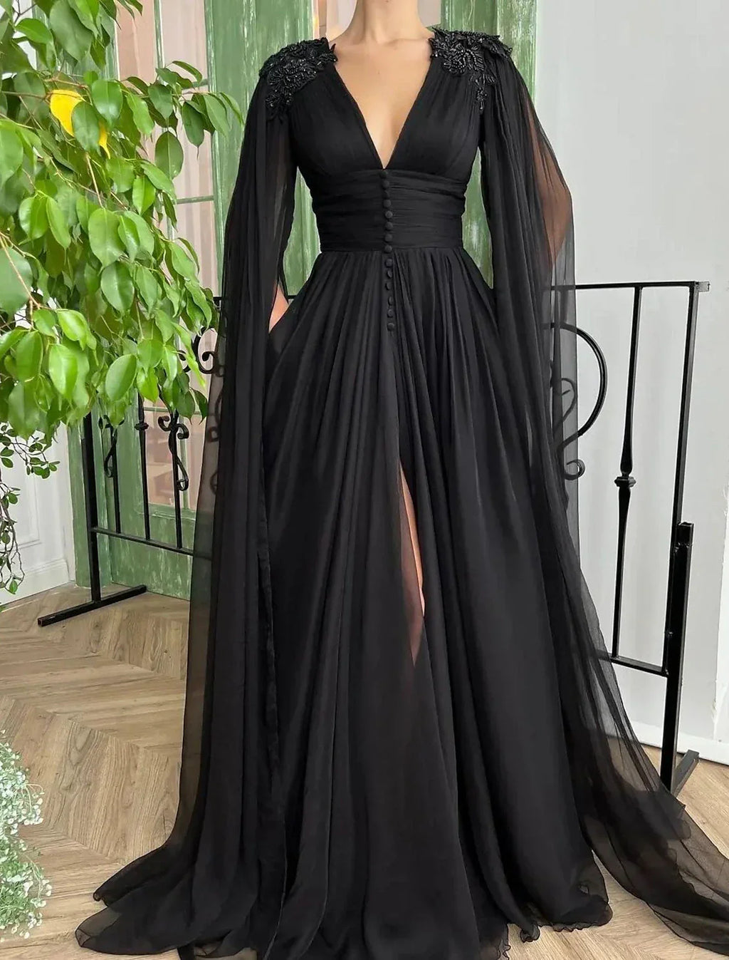 Aline Evening Gown Black Dress Gothic Masquerade Showstopping Chiffon Long Sleeve V Neck With Buttons Slit Appliques