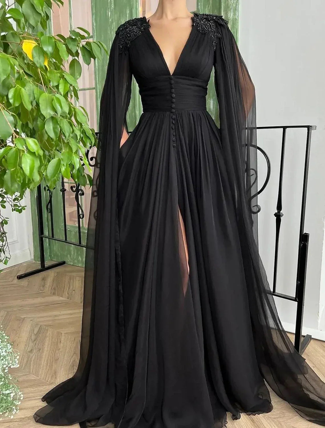 Aline Evening Gown Black Dress Gothic Masquerade Showstopping Chiffon Long Sleeve V Neck With Buttons Slit Appliques