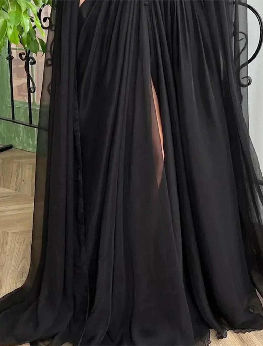 Aline Evening Gown Black Dress Gothic Masquerade Showstopping Chiffon Long Sleeve V Neck With Buttons Slit Appliques