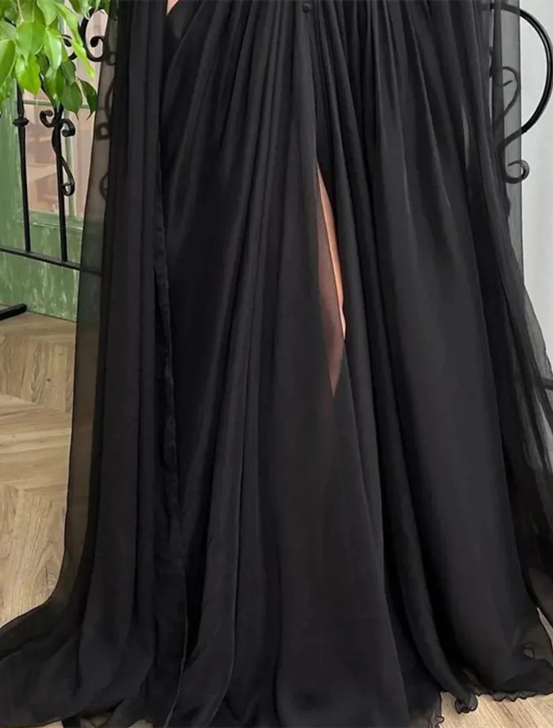 Aline Evening Gown Black Dress Gothic Masquerade Showstopping Chiffon Long Sleeve V Neck With Buttons Slit Appliques