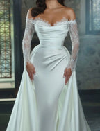 Engagement Satin Wedding Dress For Brides Off Shoulder Long Sleeve Sheath Gown With Appliques And Chapel Train
