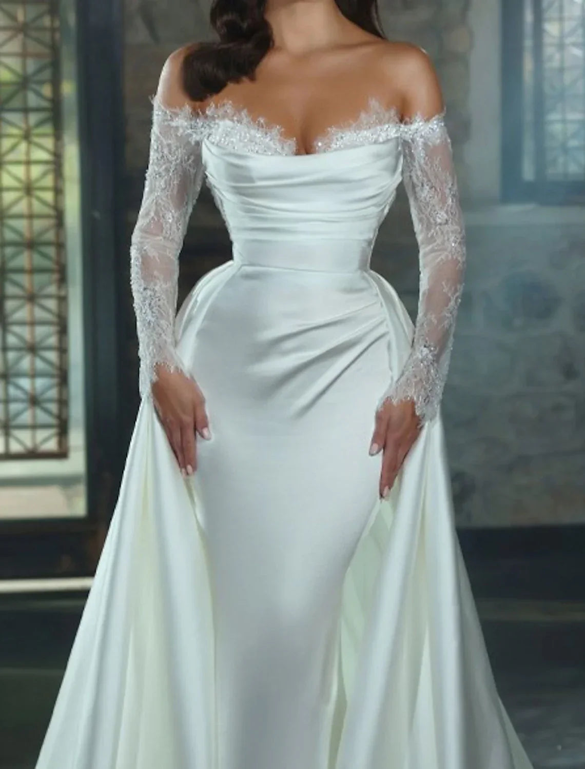 Engagement Satin Wedding Dress For Brides Off Shoulder Long Sleeve Sheath Gown With Appliques And Chapel Train