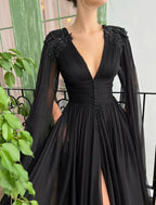 Aline Evening Gown Black Dress Gothic Masquerade Showstopping Chiffon Long Sleeve V Neck With Buttons Slit Appliques