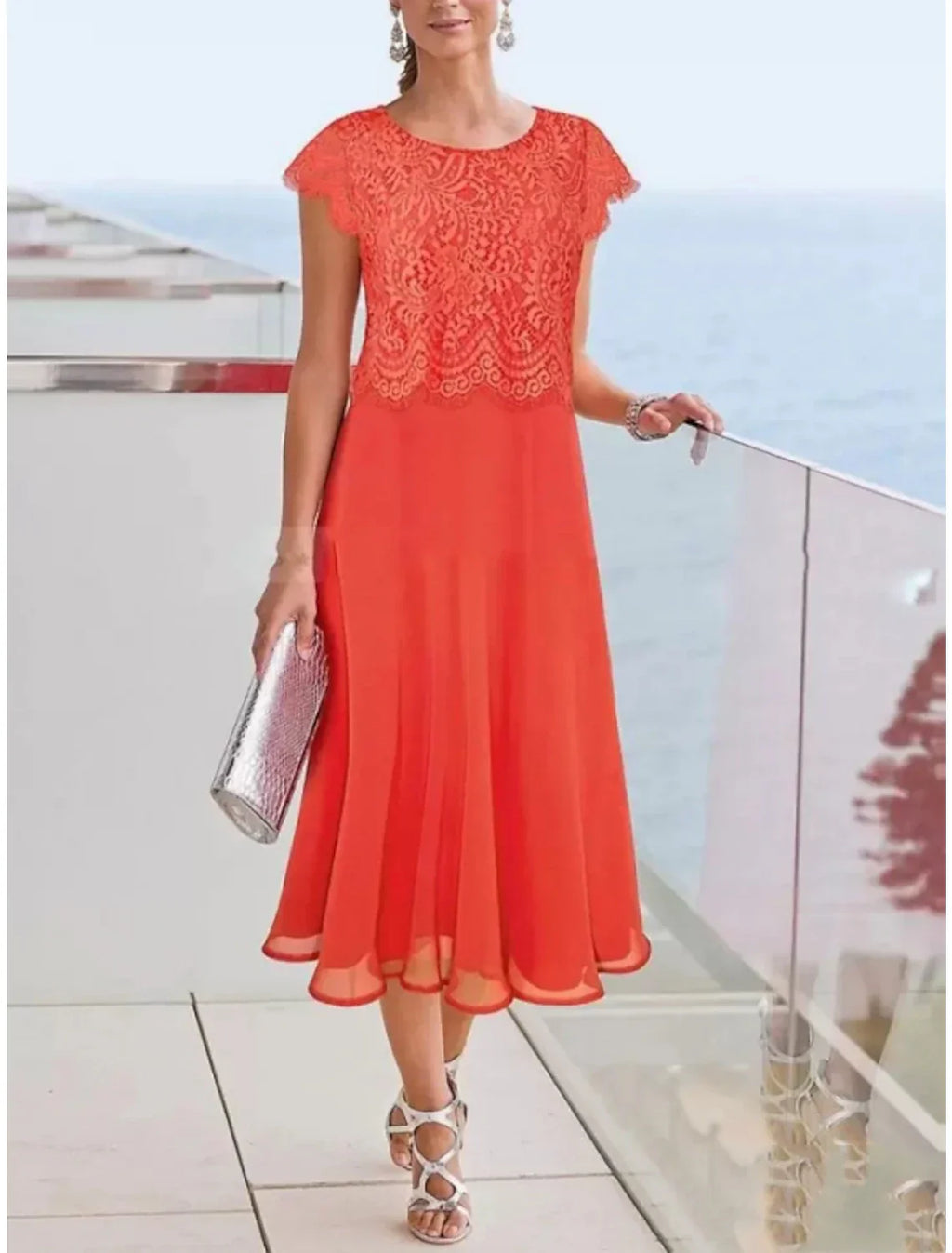 Mother Of The Bride Dress Chiffon Lace Tea Length Cap Sleeve Vintage Elegant Style
