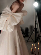 Glitter Wedding Dress For Brides Satin A Line Square Neck Short Sleeve Court Train Gown