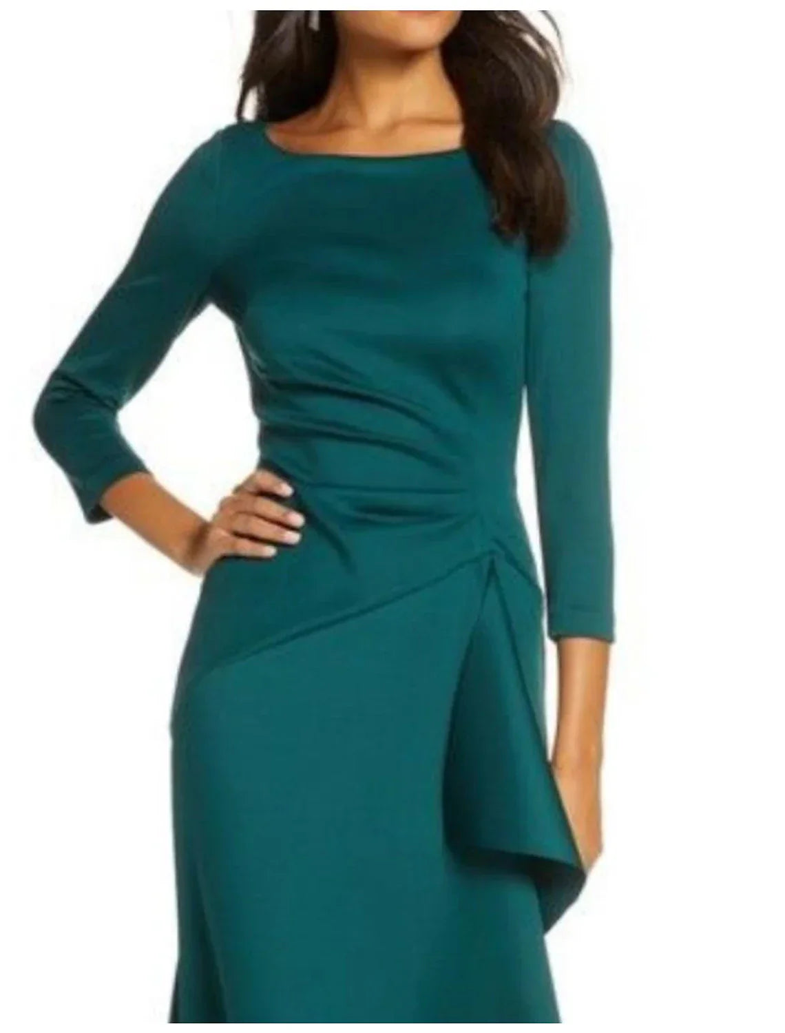 Mother Of The Bride Satin Lace Dress Elegant Scoop Neck Sheath Ankle Length Three Quarter Sleeve With Ruffles