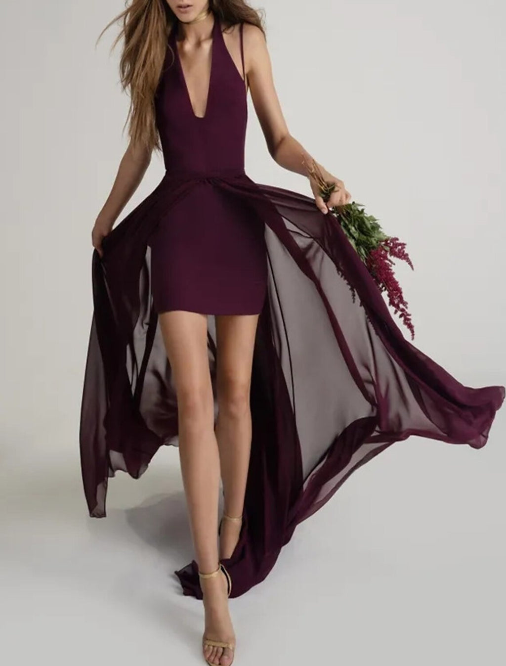 Bridesmaid Dress Halter Neck Sheath Purple Chiffon Short For Wedding Party With Elegant Fit