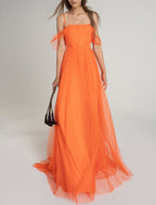 A Line Bridesmaid Dress Off Shoulder Sleeveless Open Back Court Train Satin Tulle for Elegant Bridal Party
